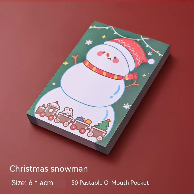 Christmas cartoon sticky notes set with Santa Claus, Elf, Snowman, Gift, Sled, House, Crystal Ball, and Christmas Bear designs