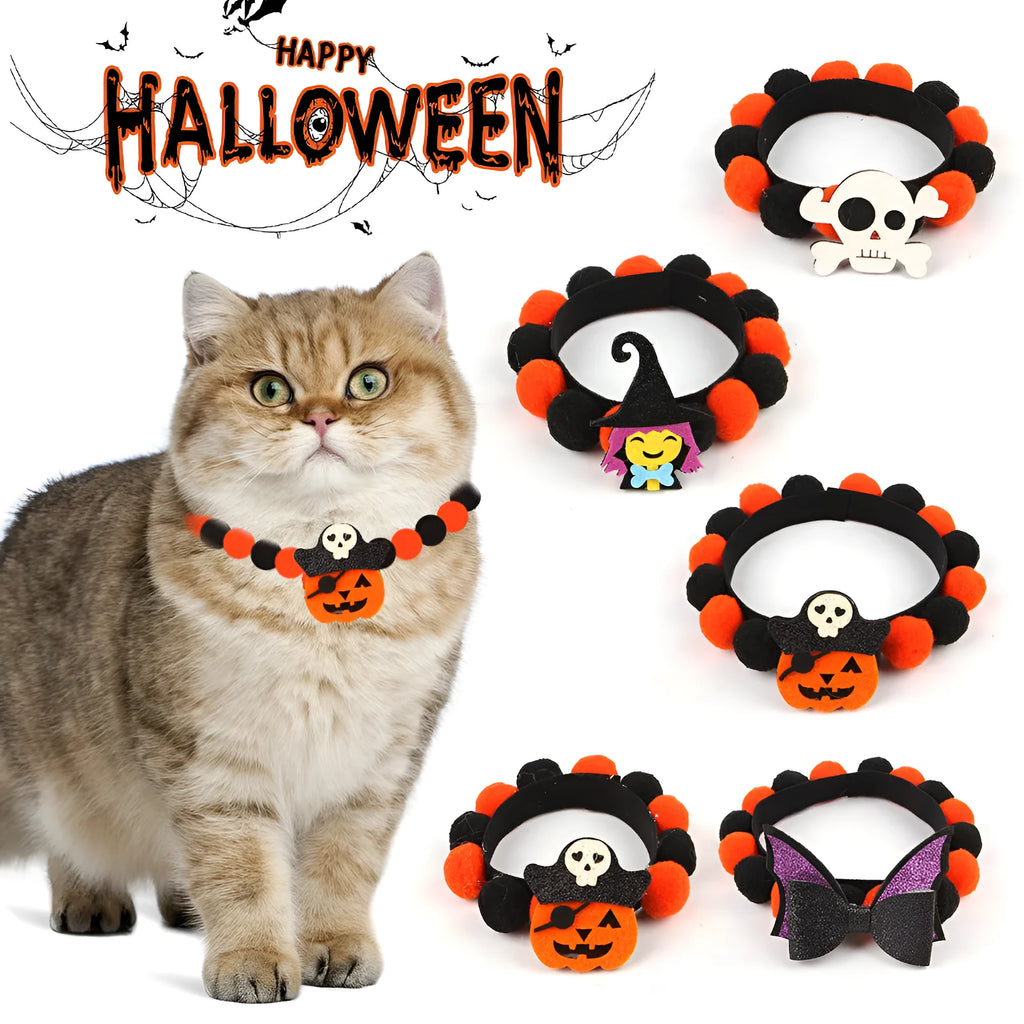 Halloween pet collar with decorative fur ball in pumpkin, bow, skull, and witch designs