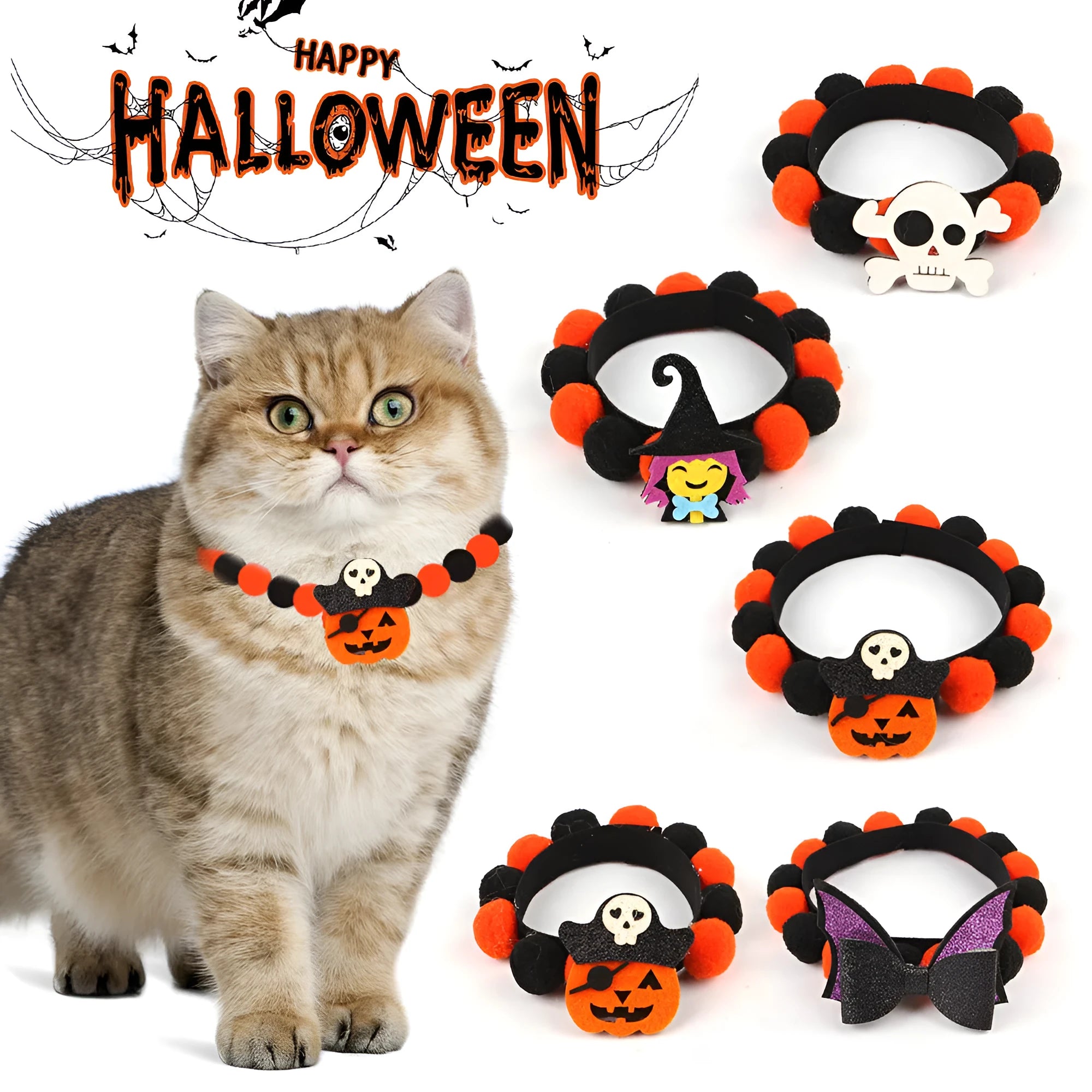 Halloween pet collar with decorative fur ball in pumpkin, bow, skull, and witch designs