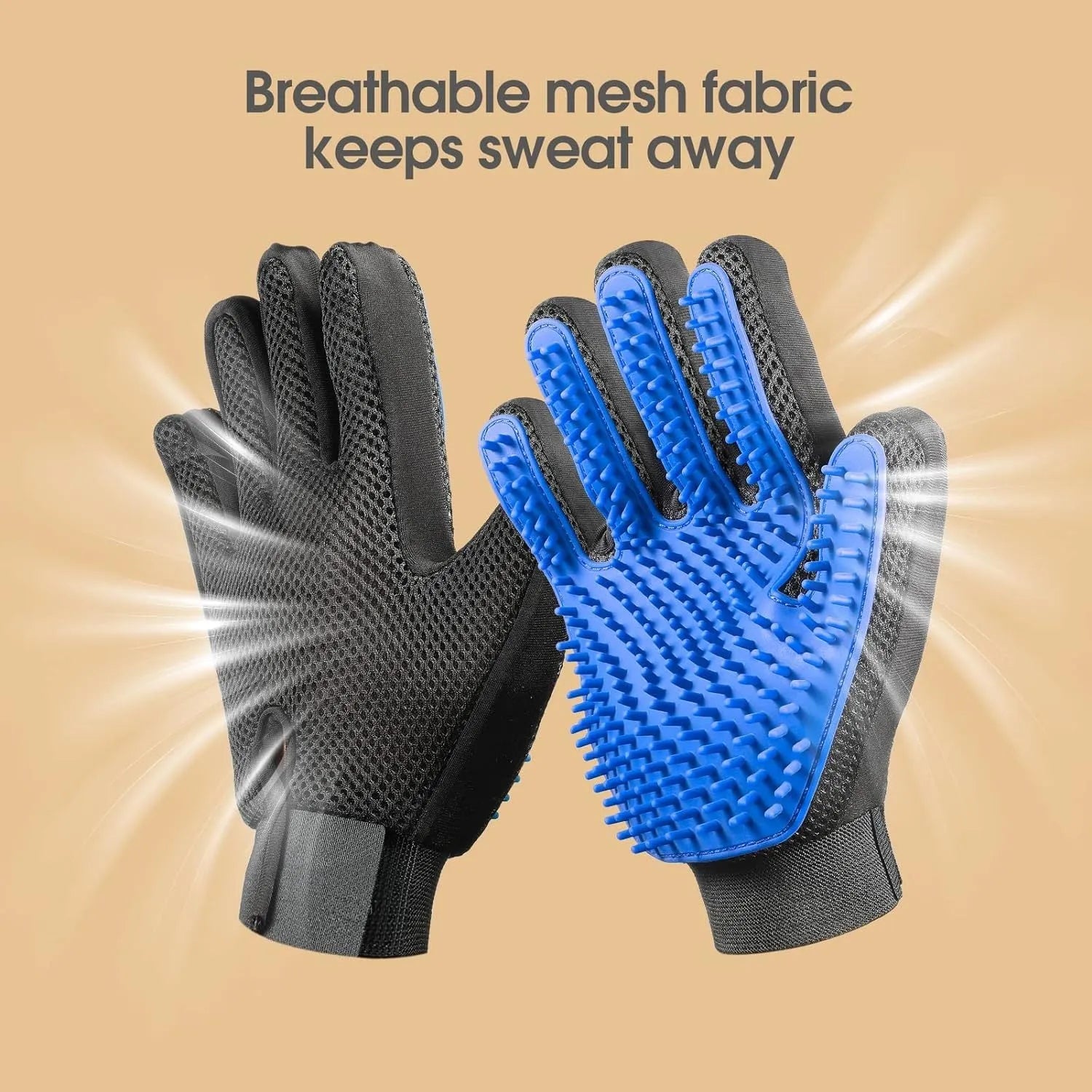 Blue pet grooming gloves with silicone tips for dog and cat hair removal during brushing and bathing