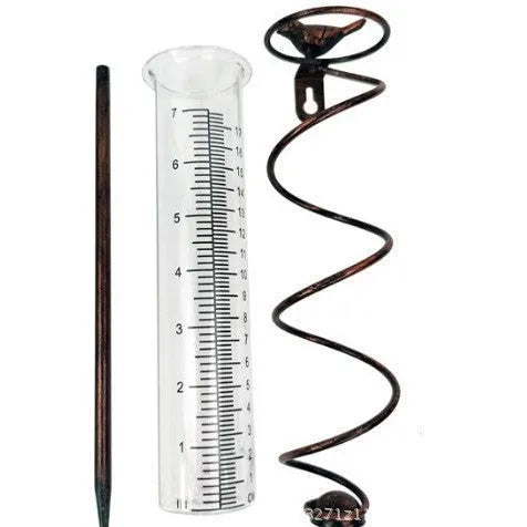 Cast iron bird rain gauge with glass measurement tube showing 0-800ml capacity