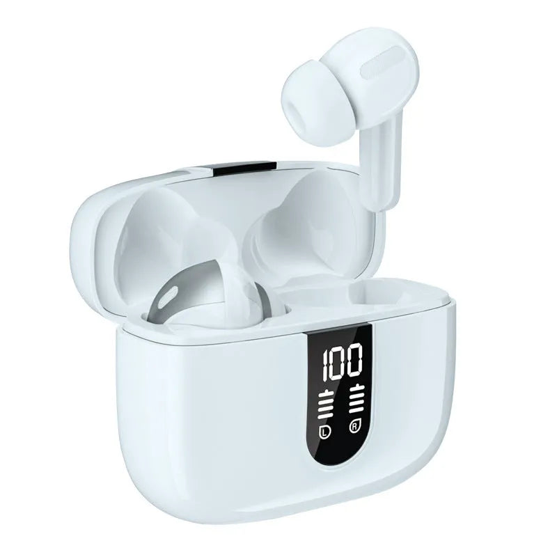 Jerry X08 black wireless earbuds with digital display and USB charging case.