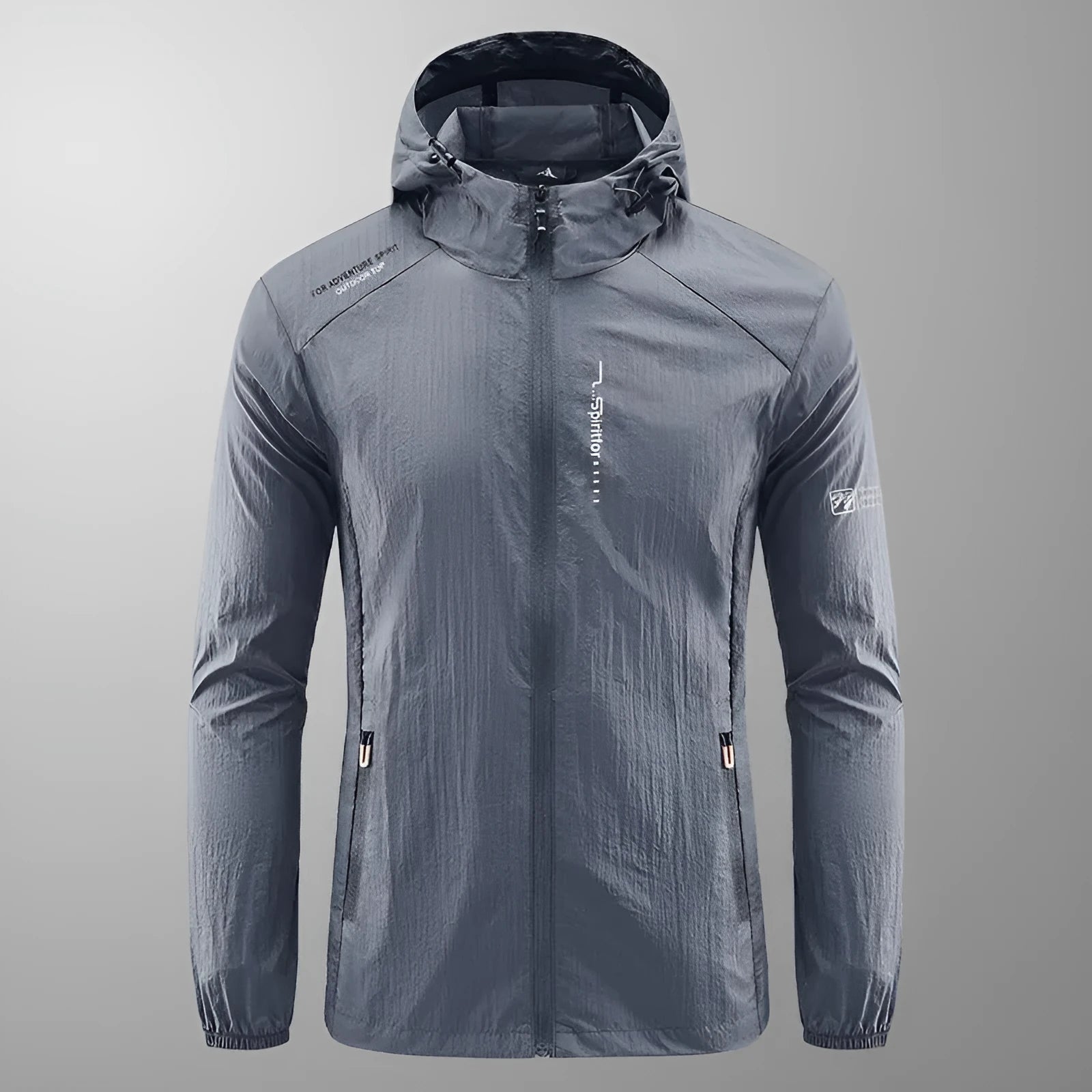 Men's light grey hooded summer jacket showing loose fit and nylon fabric texture