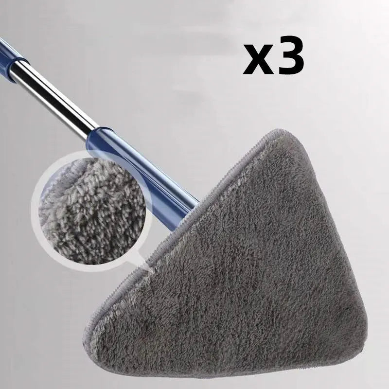Blue extendable triangle cleaning mop with rotating head on stainless steel pole.