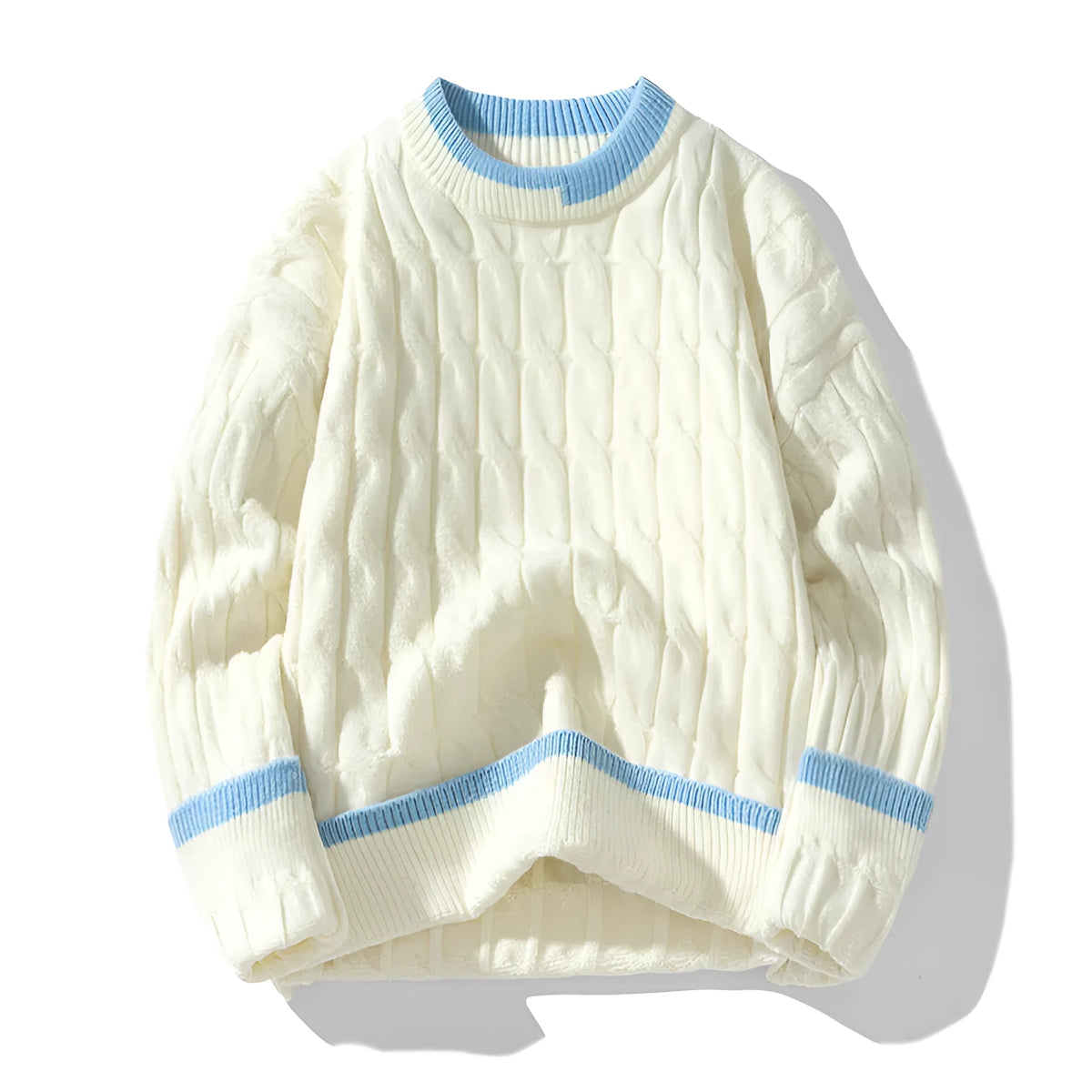 Man wearing a loose-fit, light blue, long sleeve two-piece acrylic sweater set