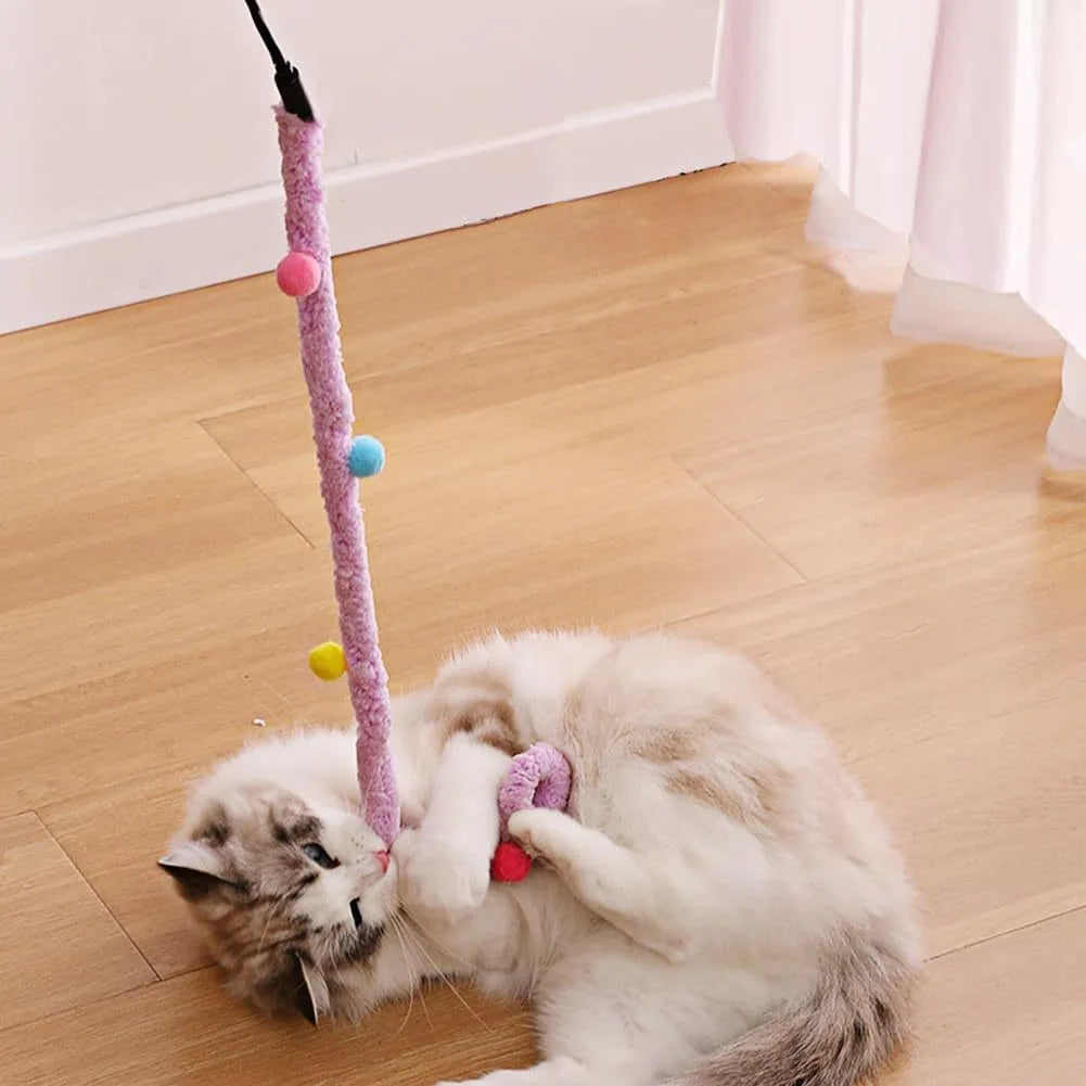 Colourful cat wand toy with plush strip and bell ball on 41cm pole