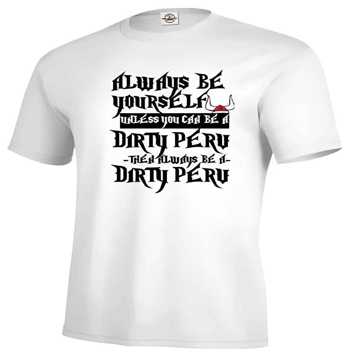 Men's white short sleeve T-shirt with printed design on polyester fabric