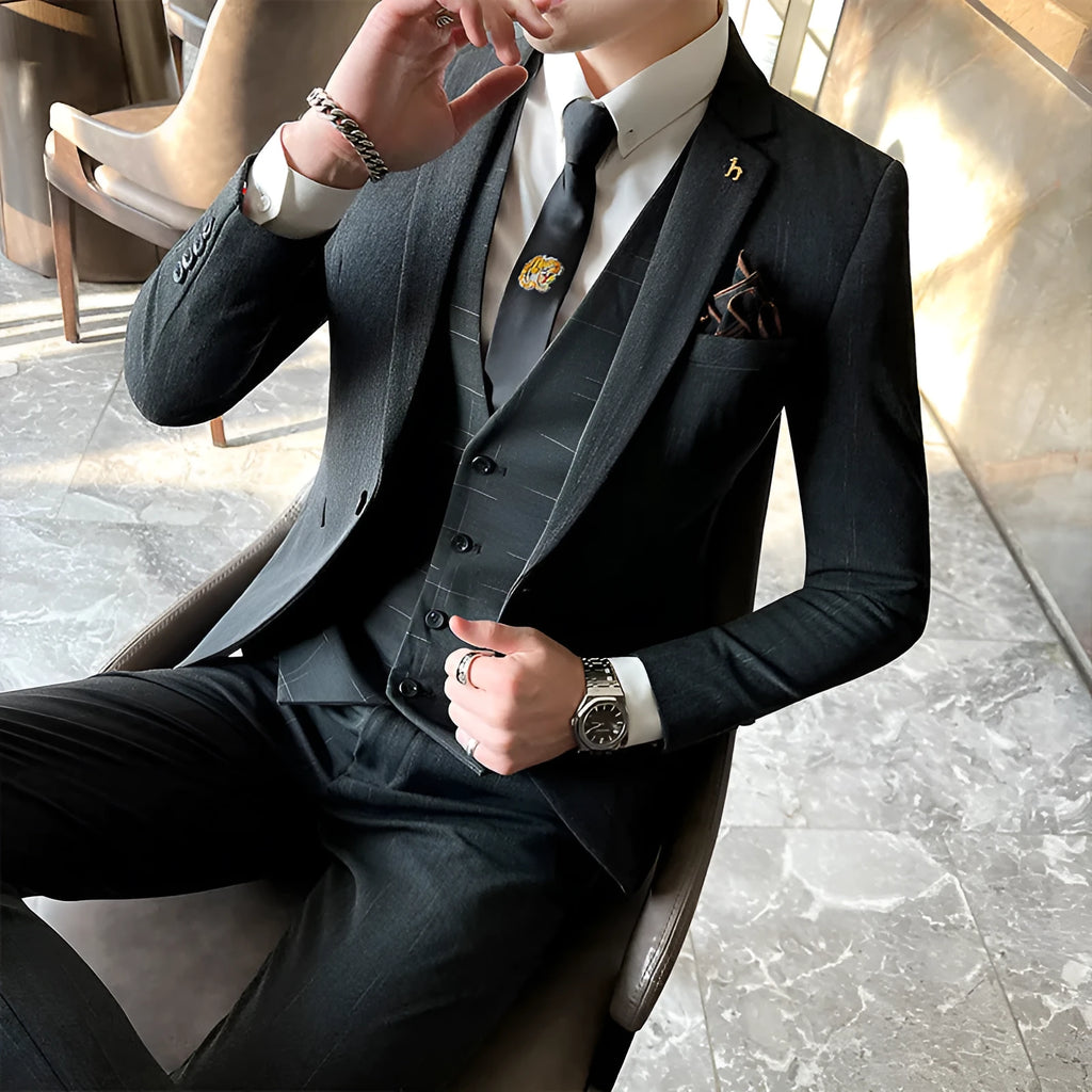 Slim fit British style men's business suit in black or dark grey cotton blend fabric