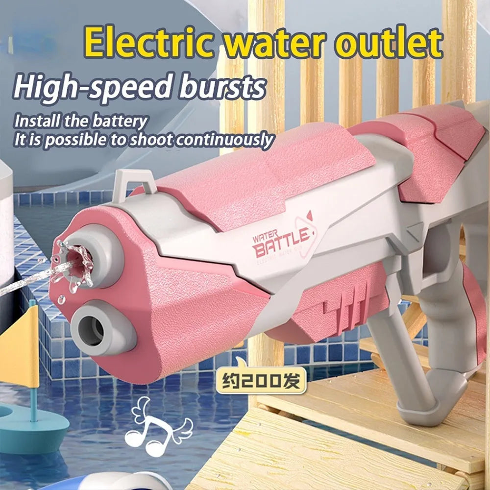 Electric water gun with USB charging cable and automatic straw, showing blue and pink colour options
