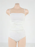 Sling style one-piece swimsuit with belly pleats in a slim fit, shown in blue colour