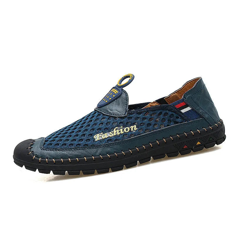 Men's brown casual mesh shoes with a round toe and stitched rubber sole on a plain background.