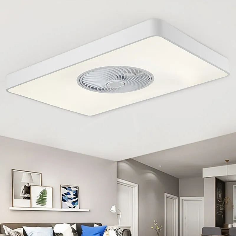 Nordic ceiling fan light with solid wood frame and white PVC lampshade, shown in rectangular, round, and square shapes.