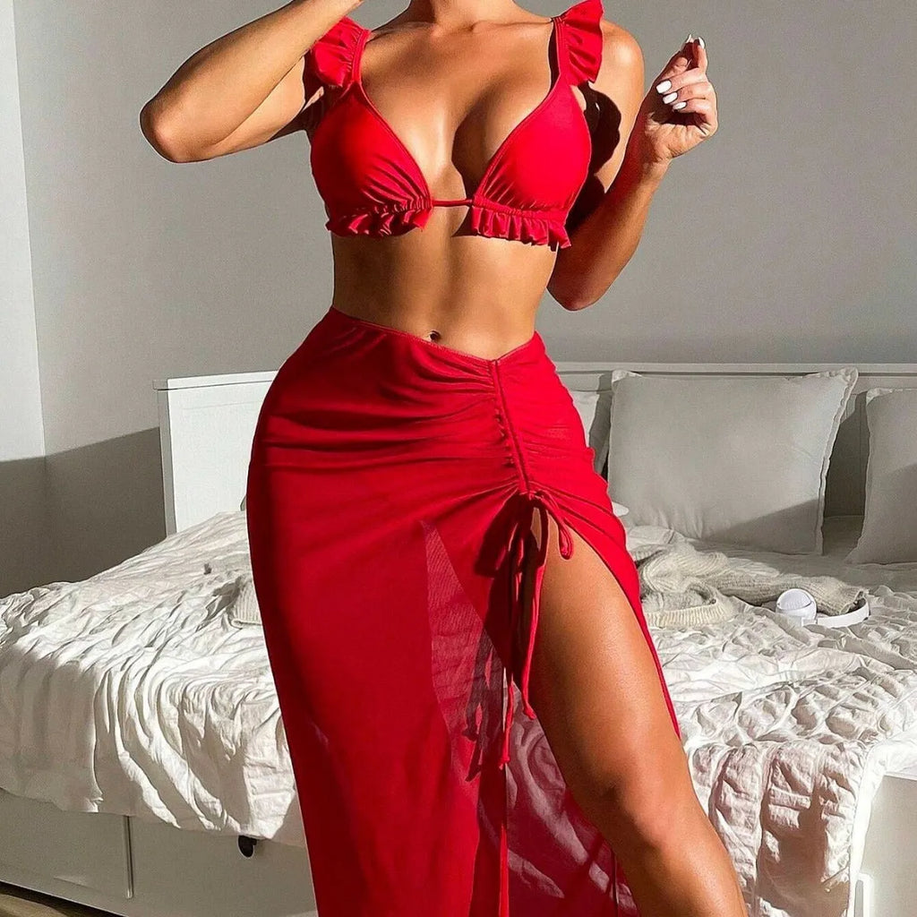 Women's printed split swimsuit three-piece set with skirt in multiple colour options