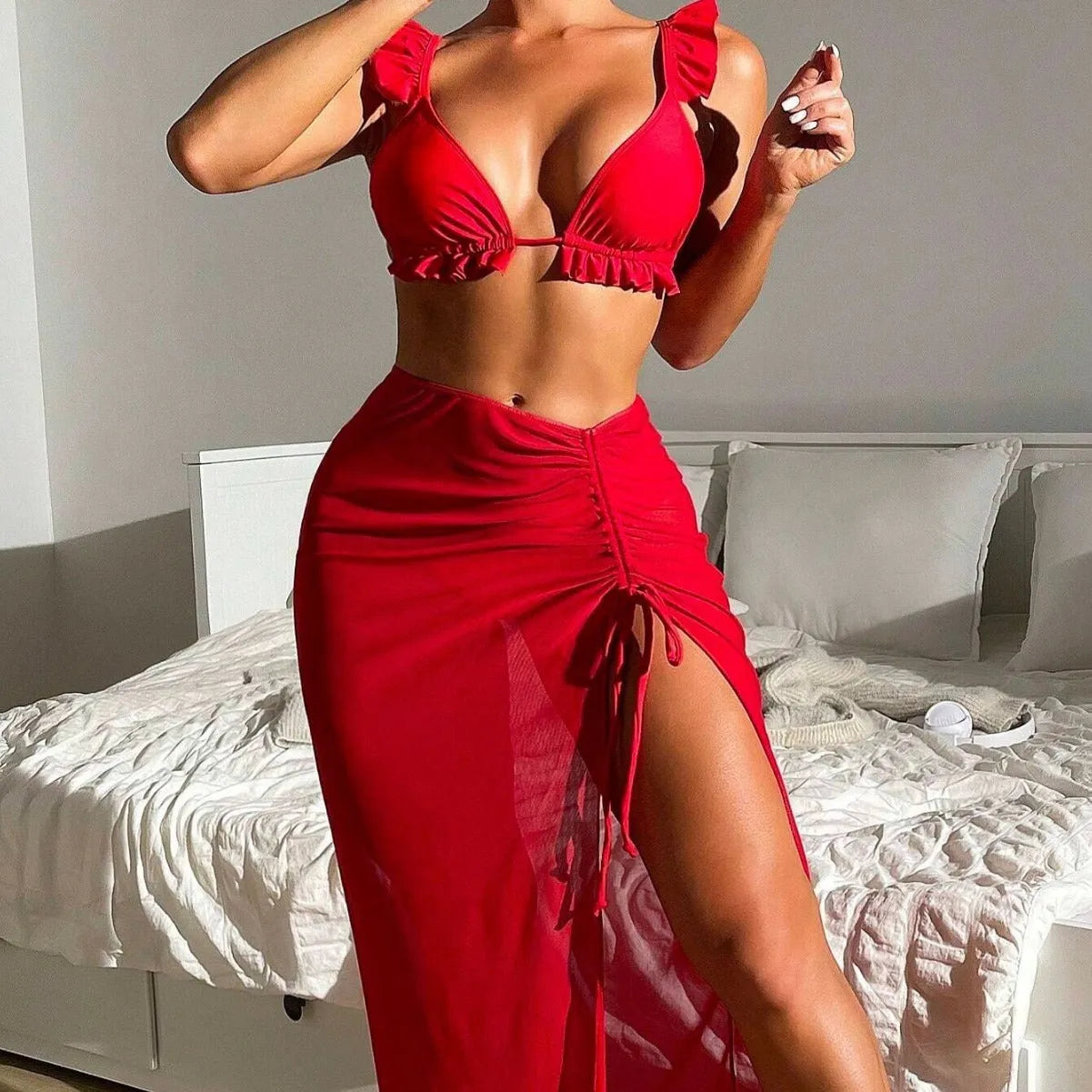 Women's printed split swimsuit three-piece set with skirt in multiple colour options