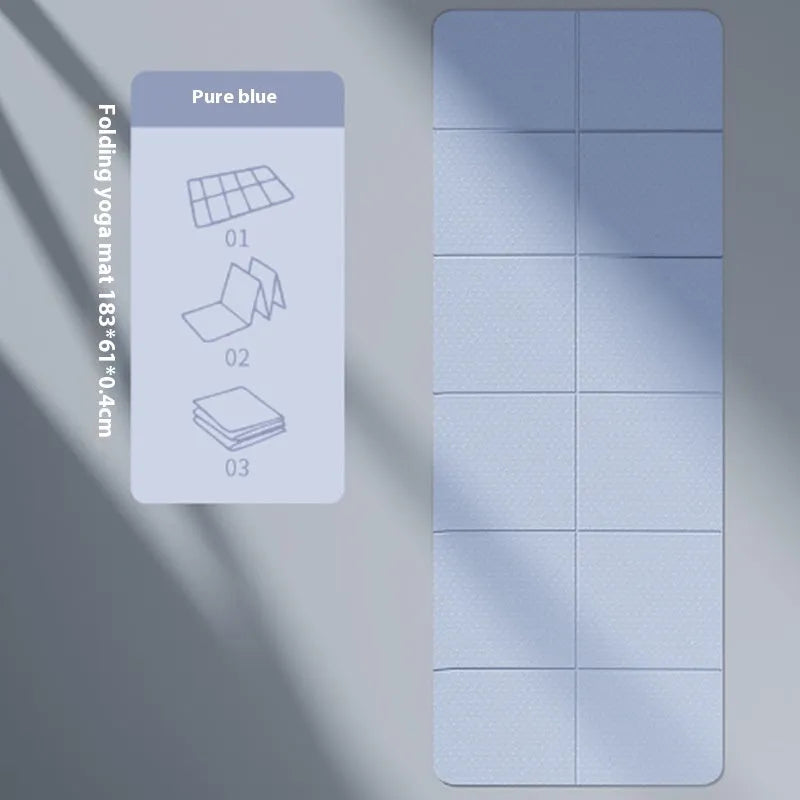 Blue foldable TPE gymnastic mat shown both fully open and folded.