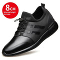 Men's black casual shoes with concealed chunky heel for height increase, shown in leather, Lycra, and mesh upper options.