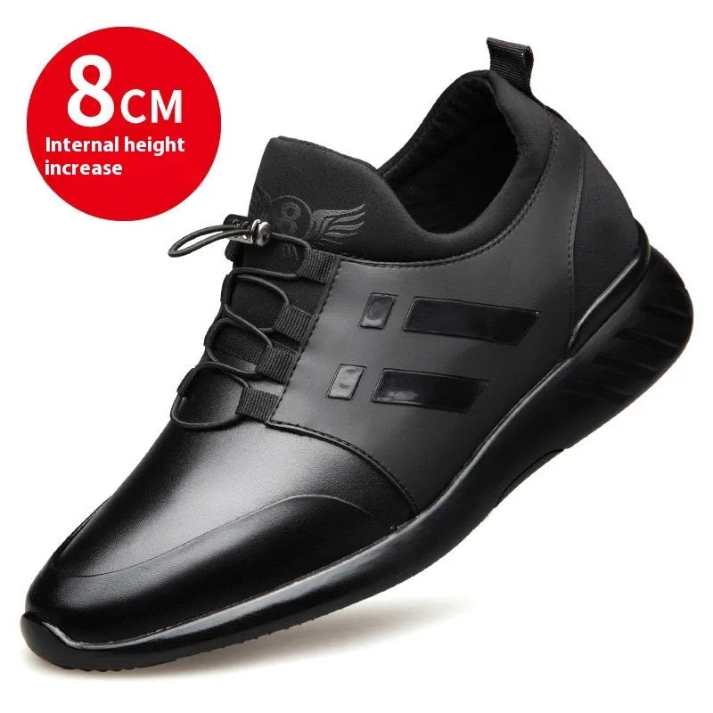 Men's black casual shoes with concealed chunky heel for height increase, shown in leather, Lycra, and mesh upper options.