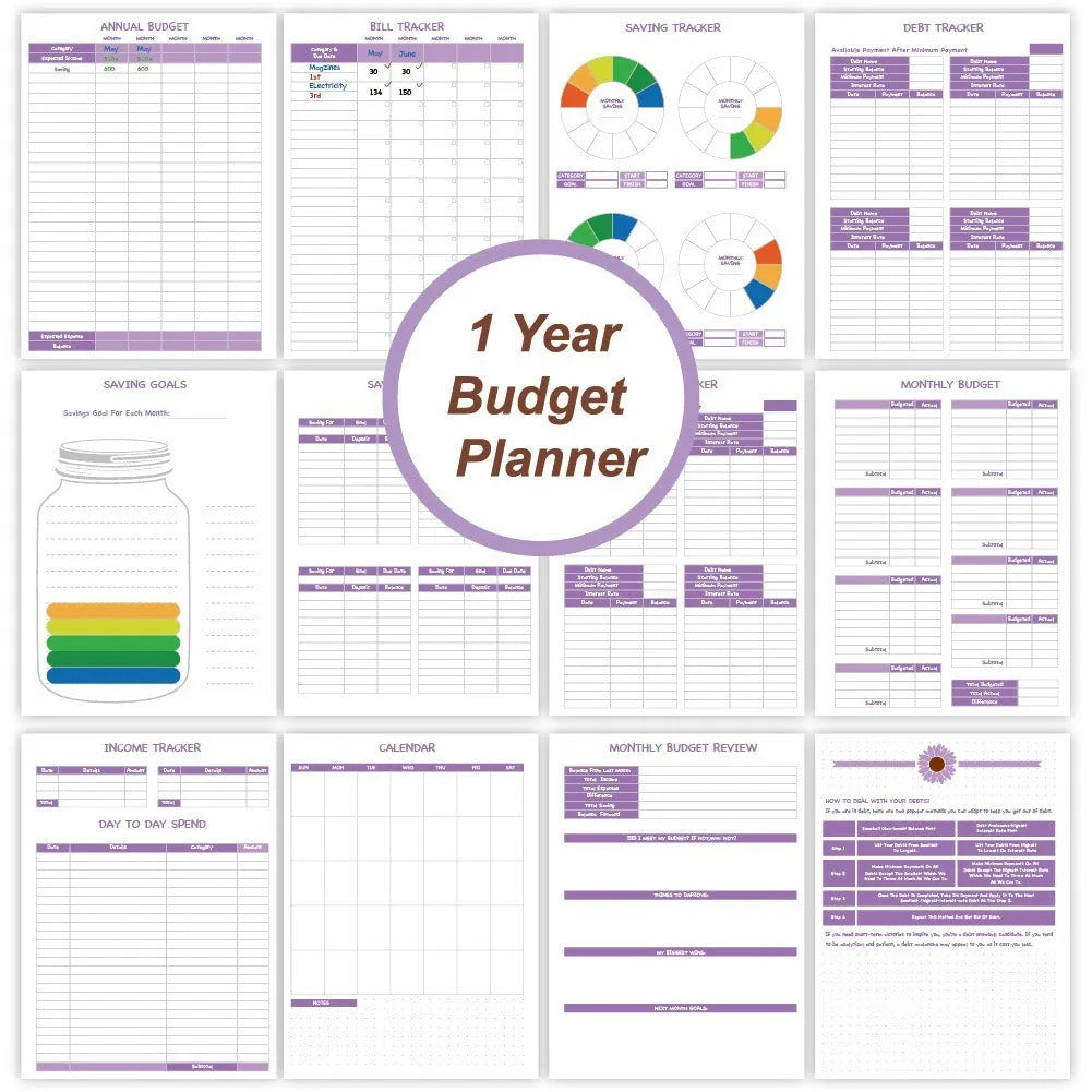 Purple coil-bound budget notebook with stickers for monthly financial planning showing Daolin paper pages