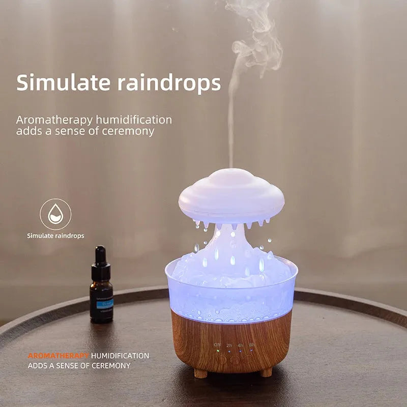 Rain cloud shaped humidifier with wood grain finish emitting mist and glowing with LED light