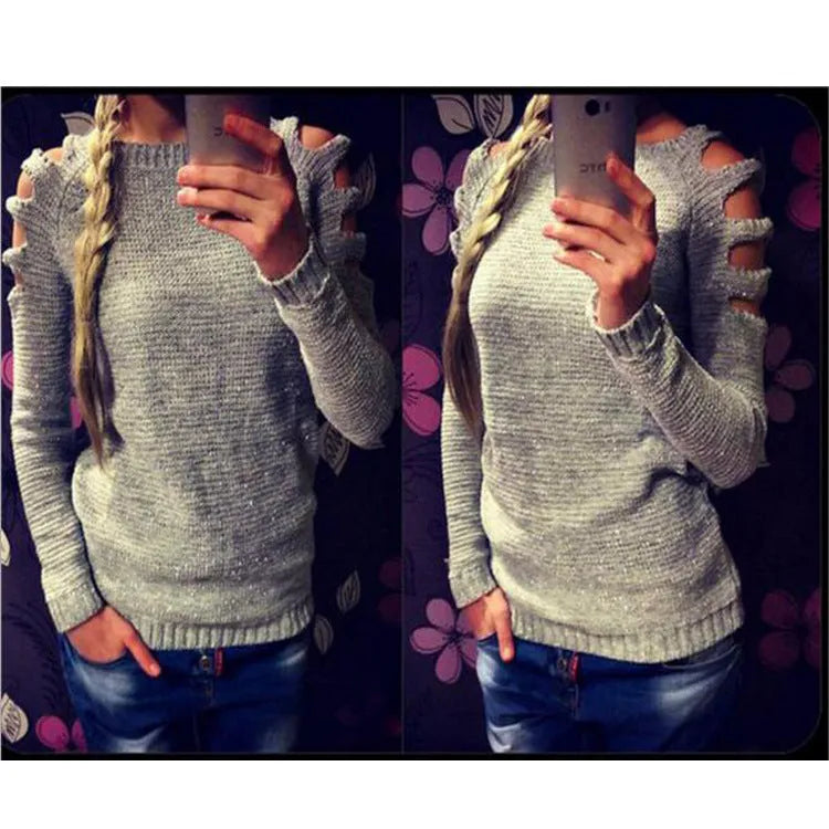 Women's white knitted bottoming shirt with hollow-out crochet detail showing round neck and long sleeve construction
