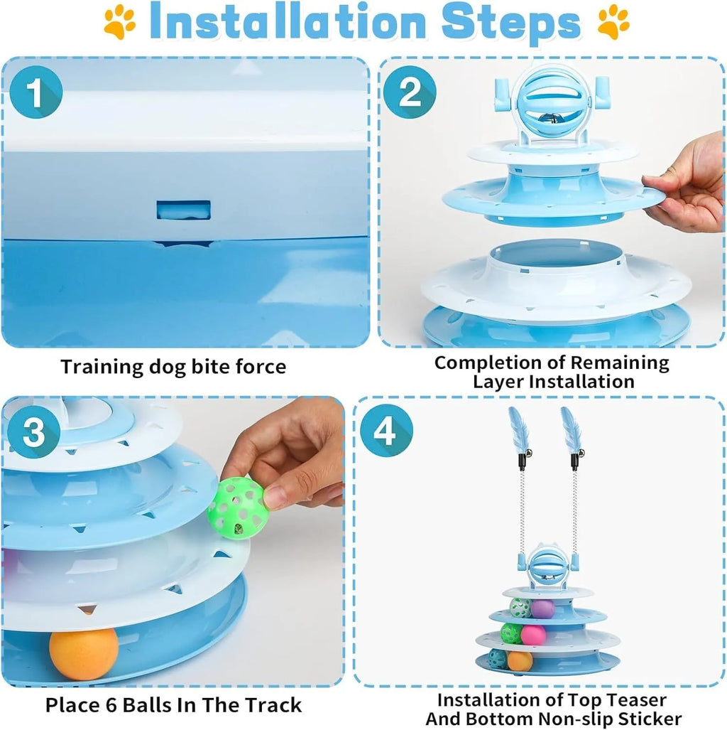 Blue four-tier interactive cat puzzle toy with rolling balls and teaser rods on a table.