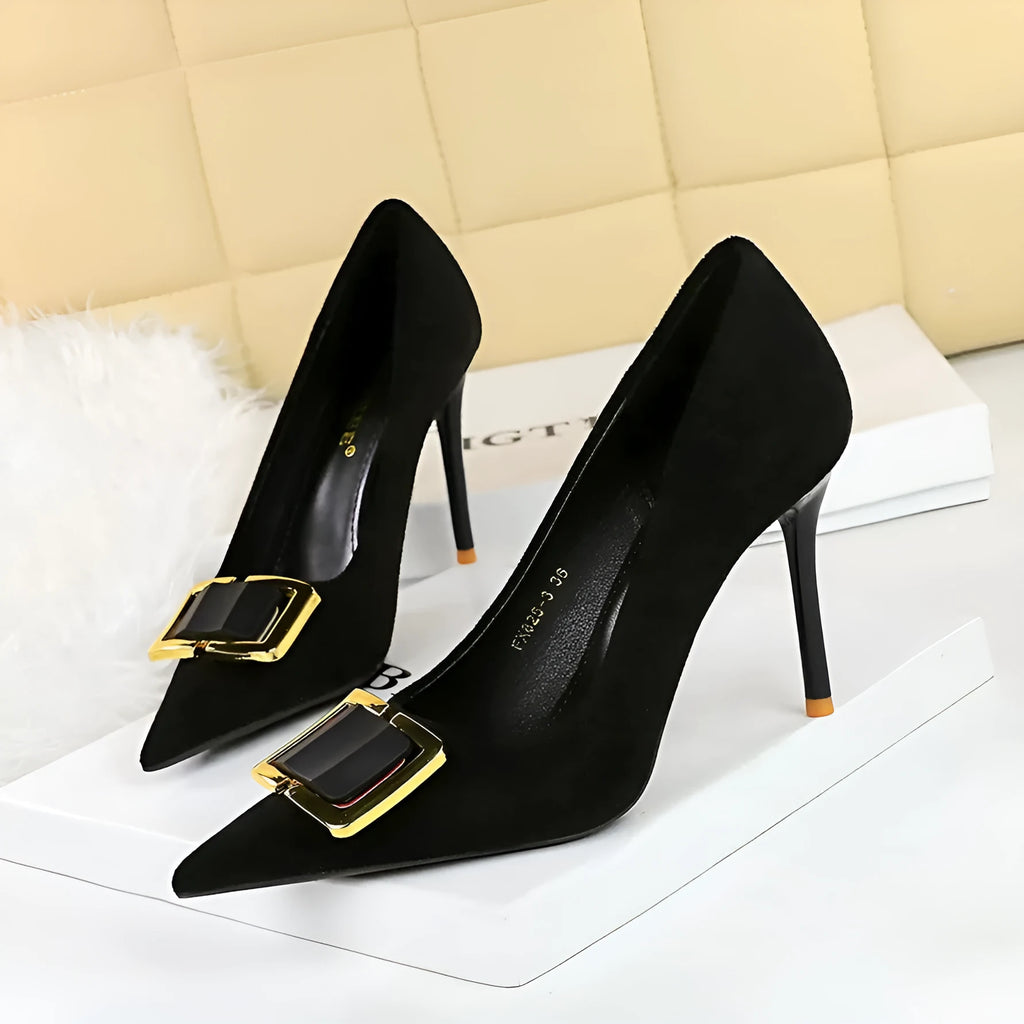 Black suede women's stiletto pump shoes with a 9CM high heel and pointed toe.