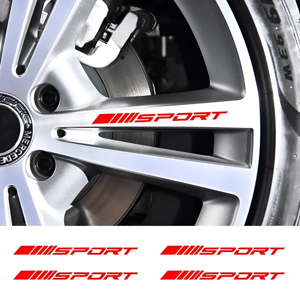 Sport hollow design car rim stickers in black, red and white colours for vehicle customisation