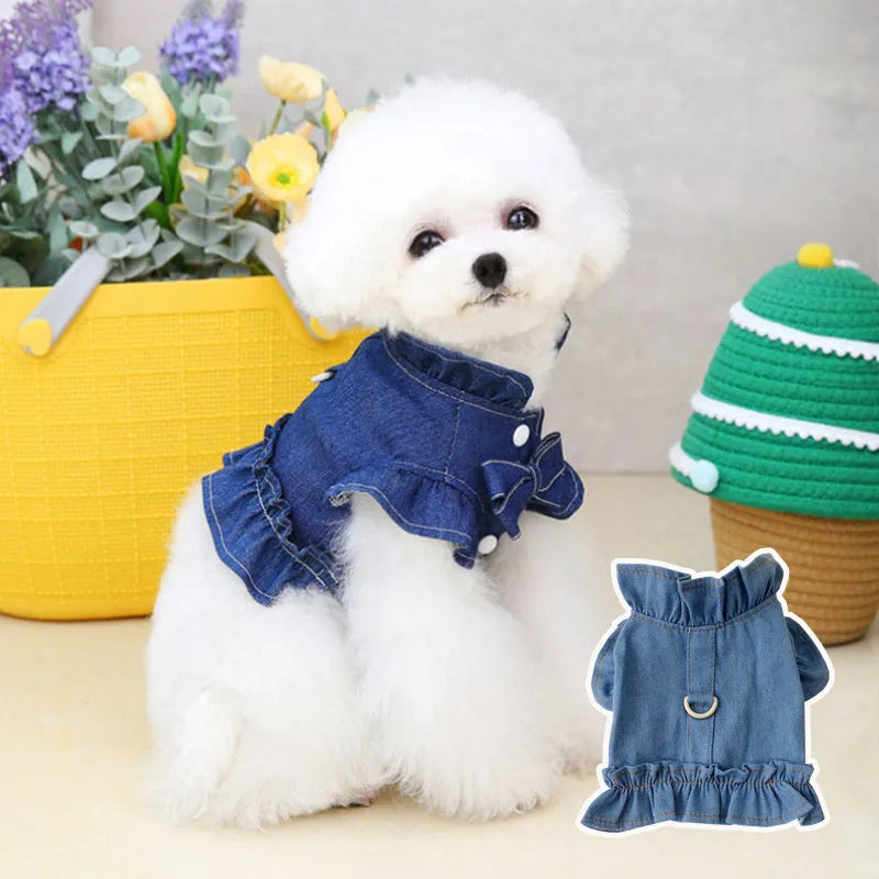Denim pet dress with ruffles vest design and leash hooks for dogs and cats in blue