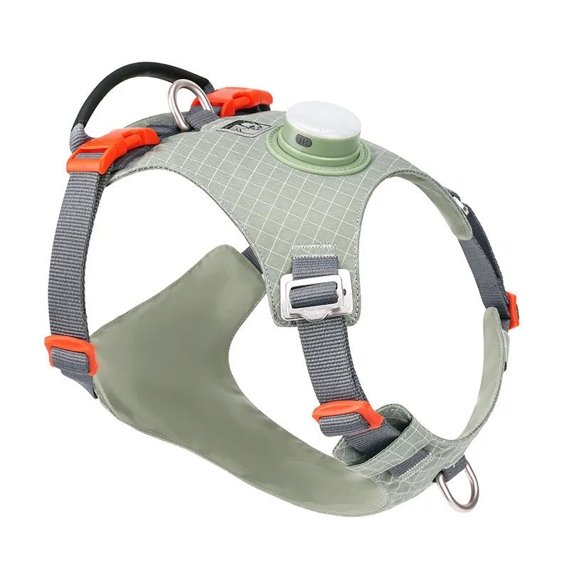 Nylon dog harness with LED light on chest strap, shown in light purple colour.
