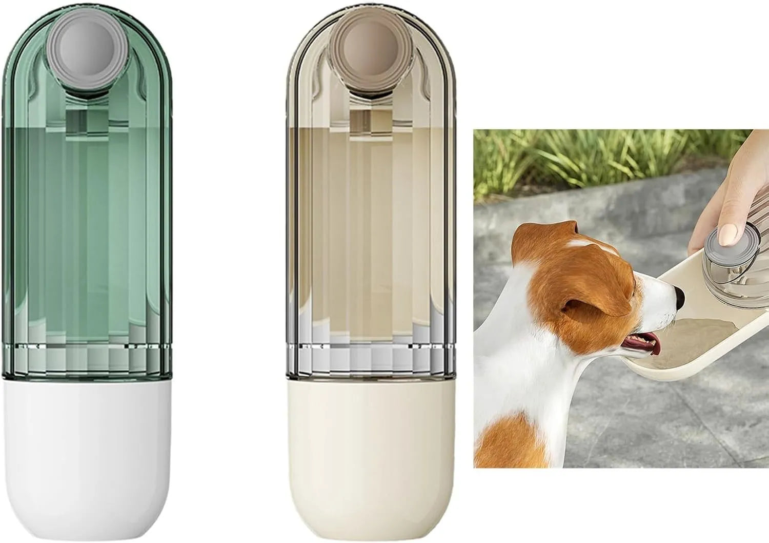 Beige or green folding portable dog water bottle with food dispenser, shown in open and closed positions.