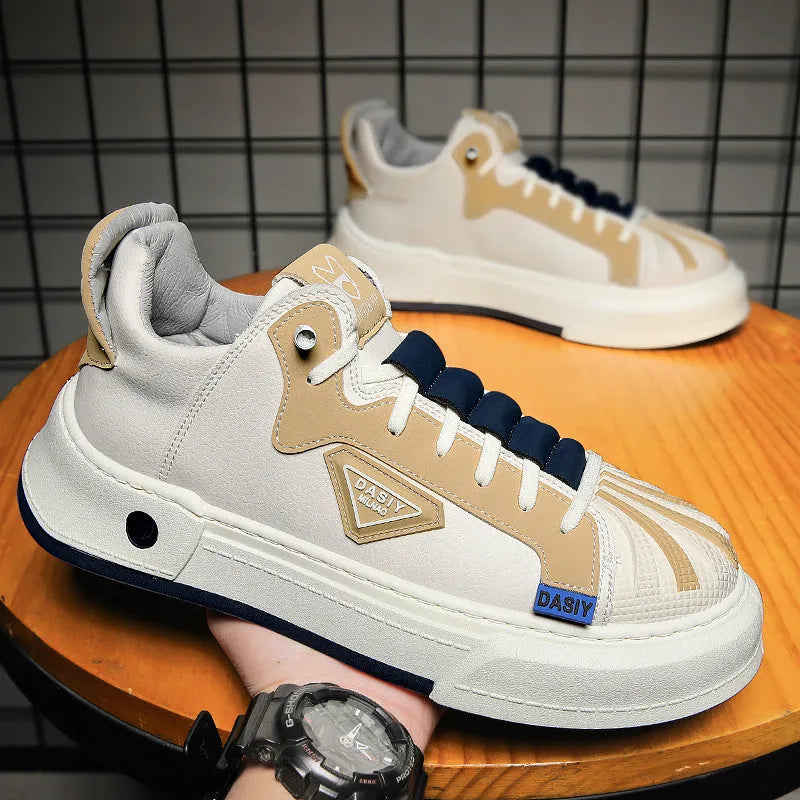 Men's beige low-top sneakers with elastic band and round toe.