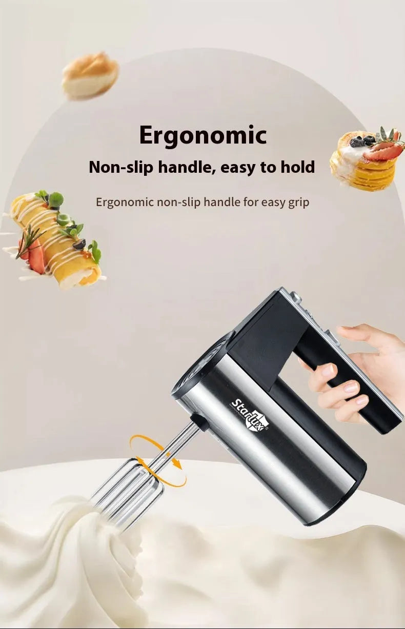 Silver and black handheld electric food mixer with two metal beaters, model SL-25209.