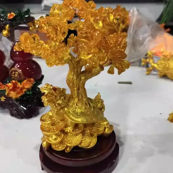 Citrine coloured resin small water turtle money tree feng shui ornament.