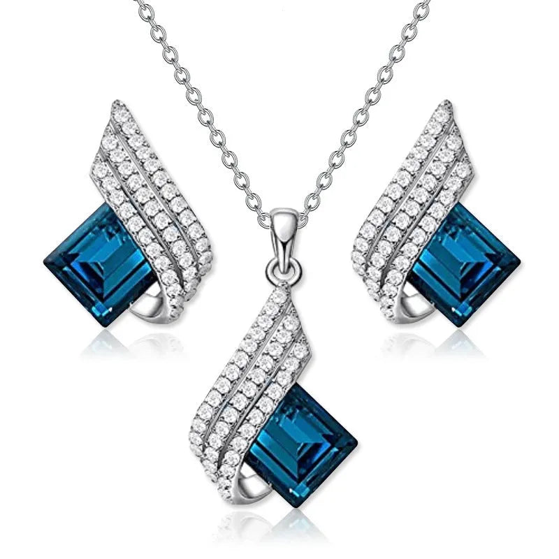 Women's European American style necklace with cross chain design and matching glass pendant earrings