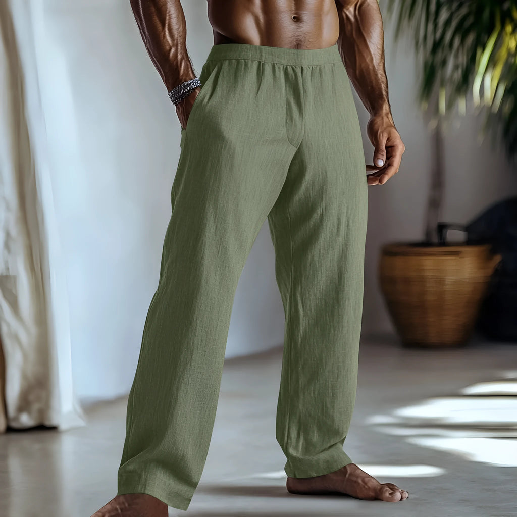Straight-leg cotton-linen trousers in light apricot colour with multiple pockets