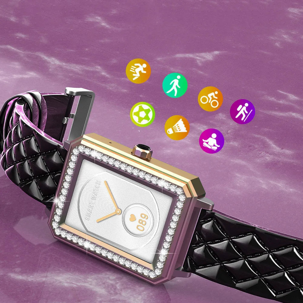 Women's smart bracelet with black gold finish and genuine leather strap showing 1.65-inch display