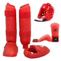 Red and blue karate protective gear set with helmet and leg guards for martial arts training