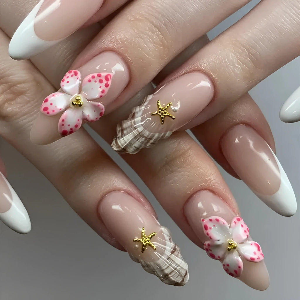 French style fake nails with rock pattern patch and simple floral design in W1764 colour