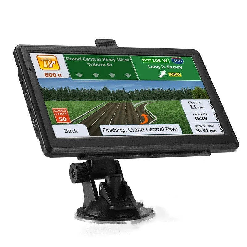 7-inch car GPS navigation device with touch screen display showing international maps