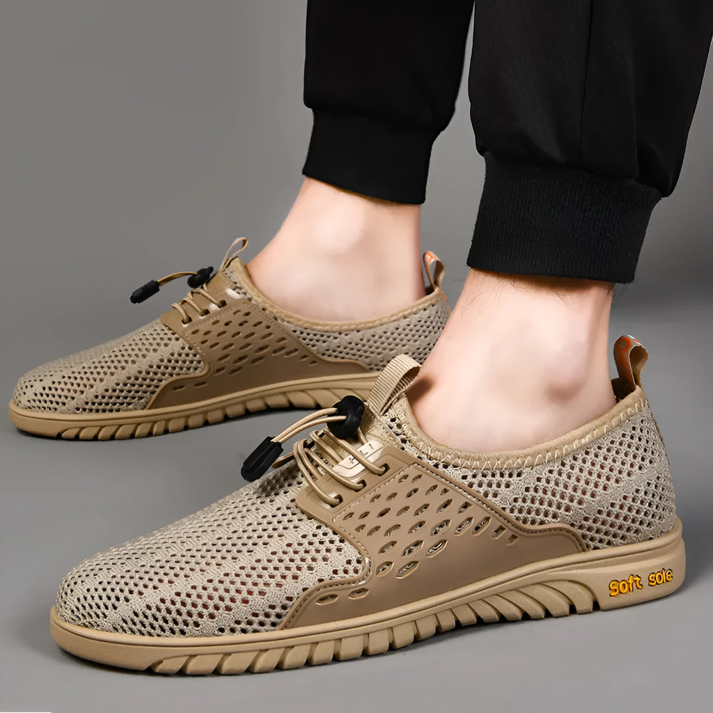 Men's breathable mesh casual shoe in sand colour with elastic band and rubber sole