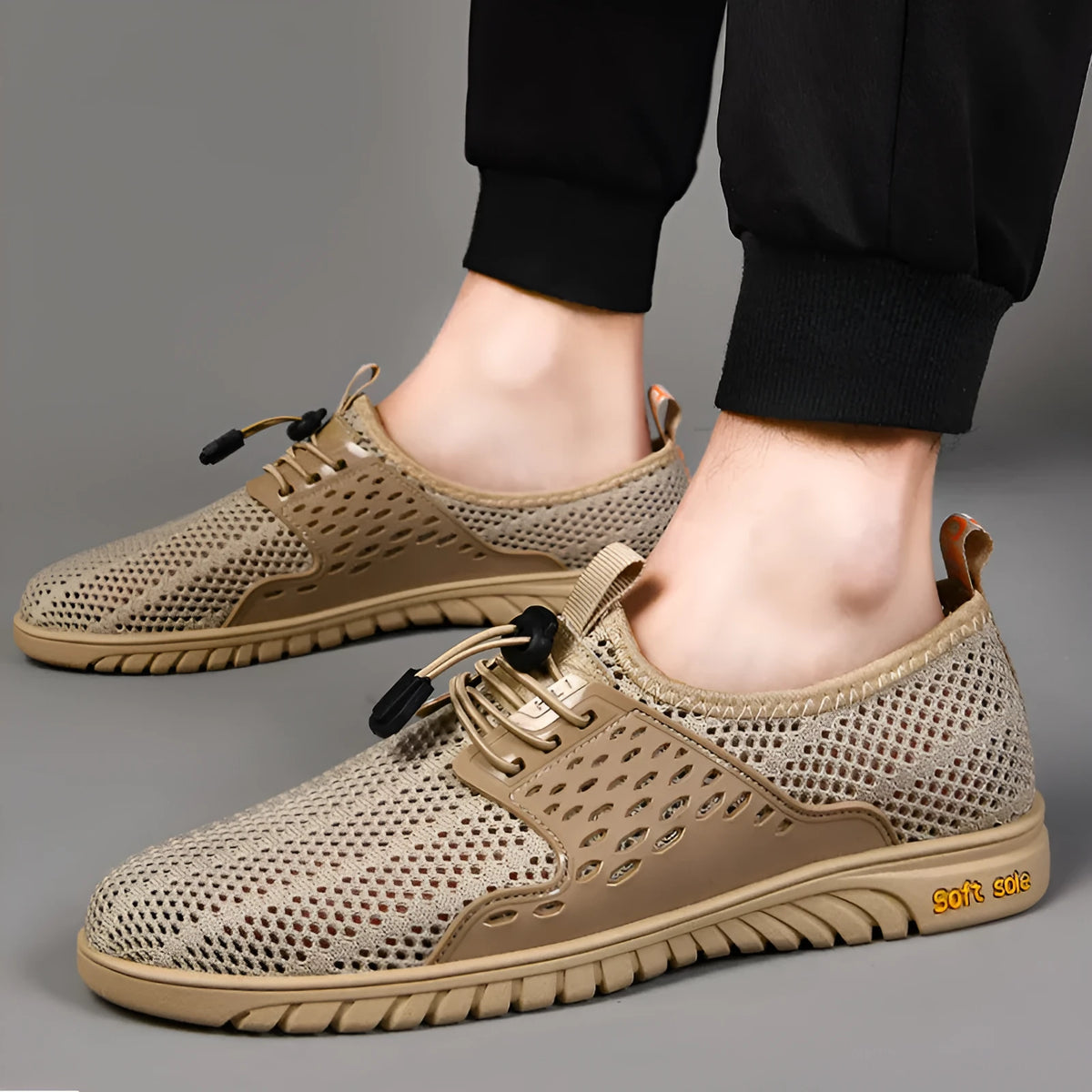 Men's breathable mesh casual shoe in sand colour with elastic band and rubber sole