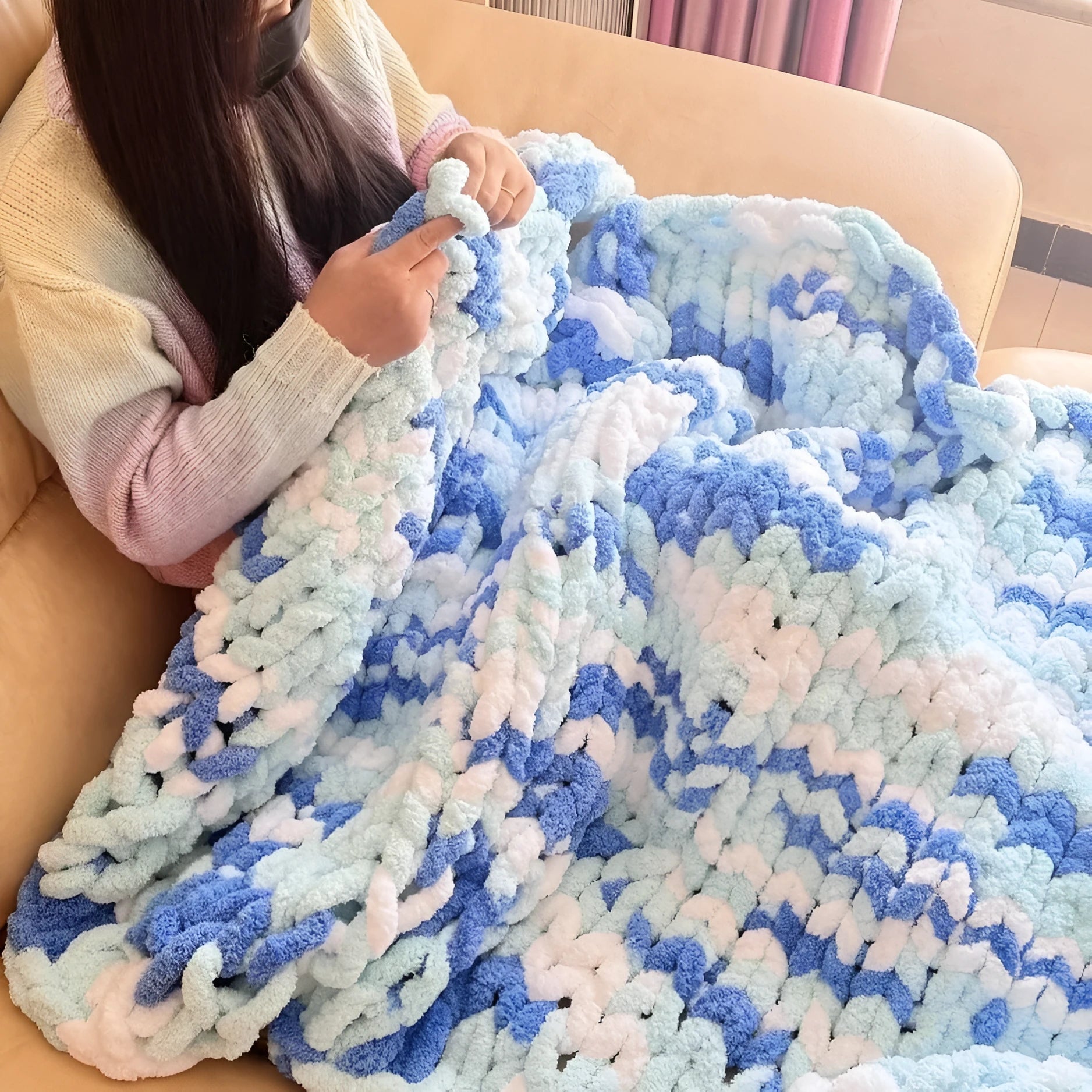 Coarse yarn chenille knitted blanket with braided gravity edge in modern simplicity style