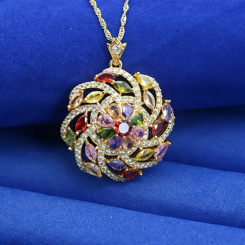 Spiral flower pendant necklace in real gold plated copper with micro inlaid zircon, Blue or Colour option