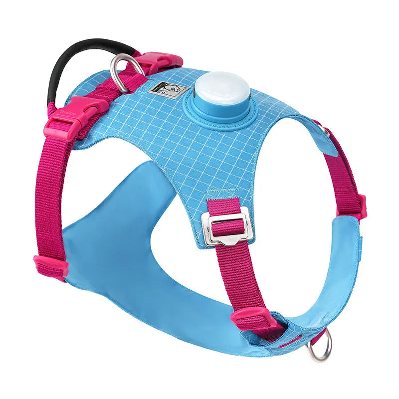 Nylon dog harness with LED light on chest strap, shown in light purple colour.