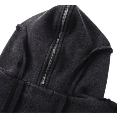 Black retro loose fit cotton coat with a zip front, hood, and abstract pattern detail.