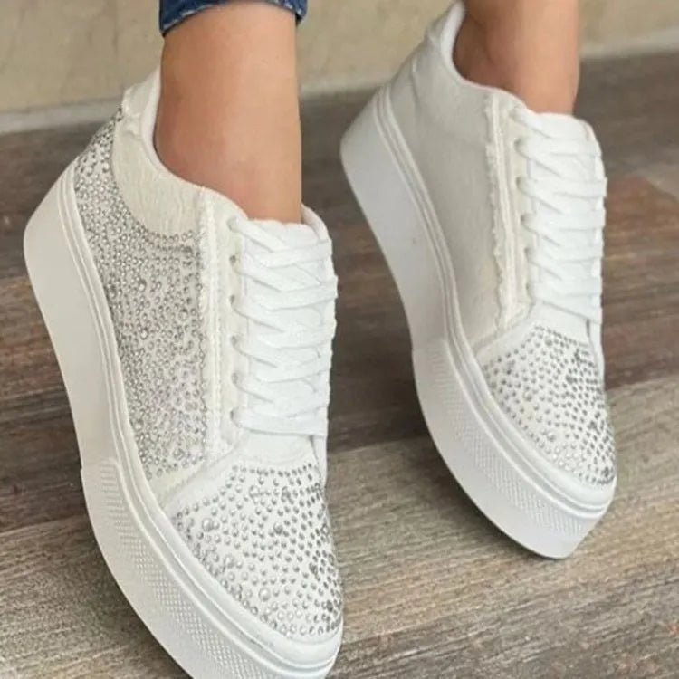 Plus size women's casual sports shoes with rhinestone detail, thick rubber sole, and lace-up closure in solid colour