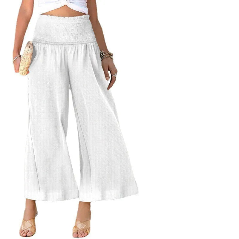 High-waist pleated casual women's trousers in cotton-linen blend, straight-leg cropped style