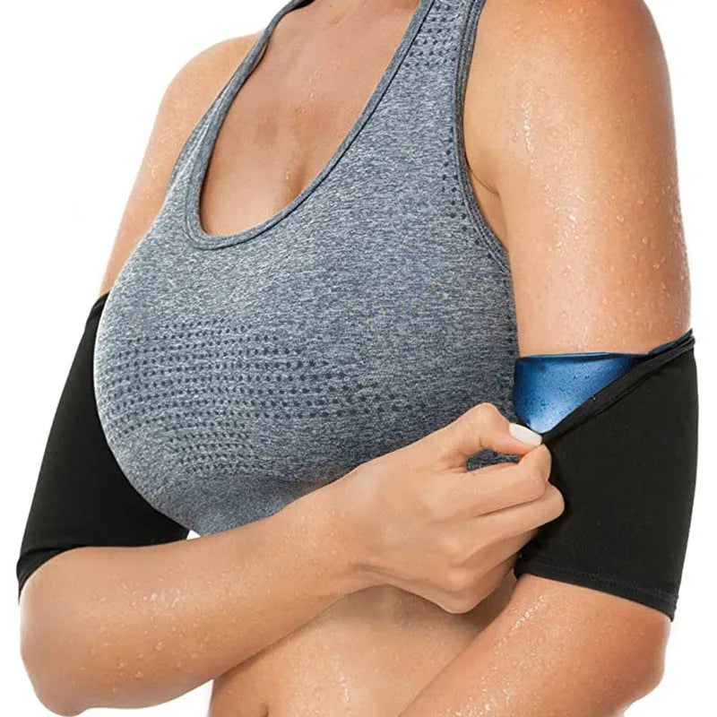 Blue and silver sports arm sweatband shown on an arm, with other colour variants including black and red displayed alongside.