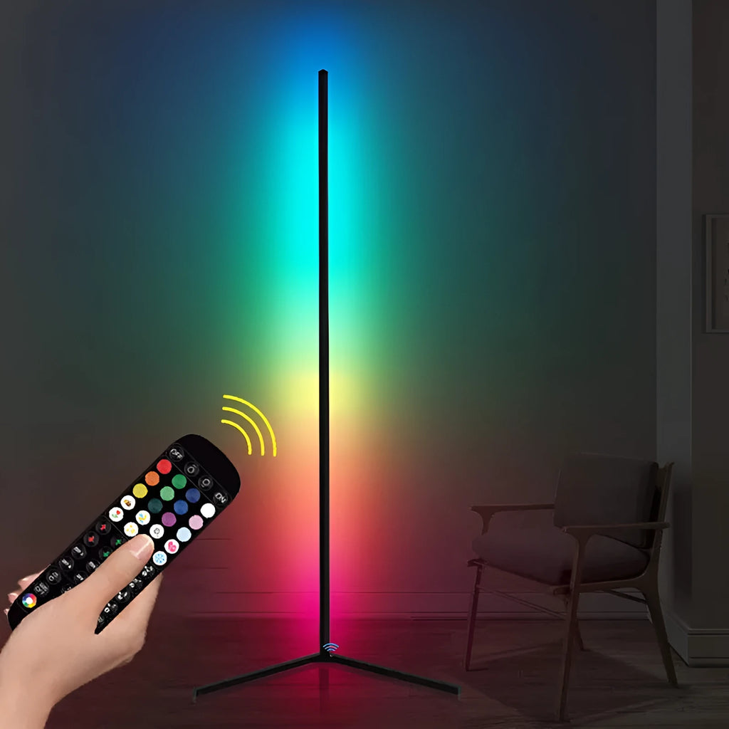 Black smart RGB floor lamp with remote control for bedroom atmospheric lighting