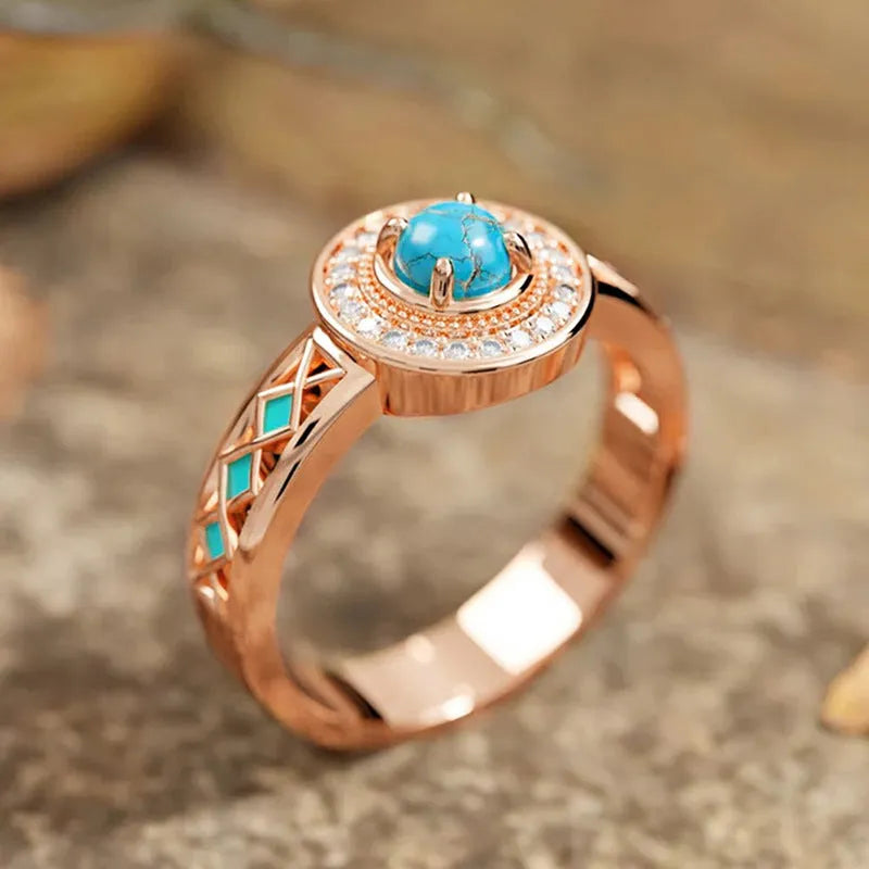 Women's turquoise geometric ring with inlaid zircon stones on rose gold copper band